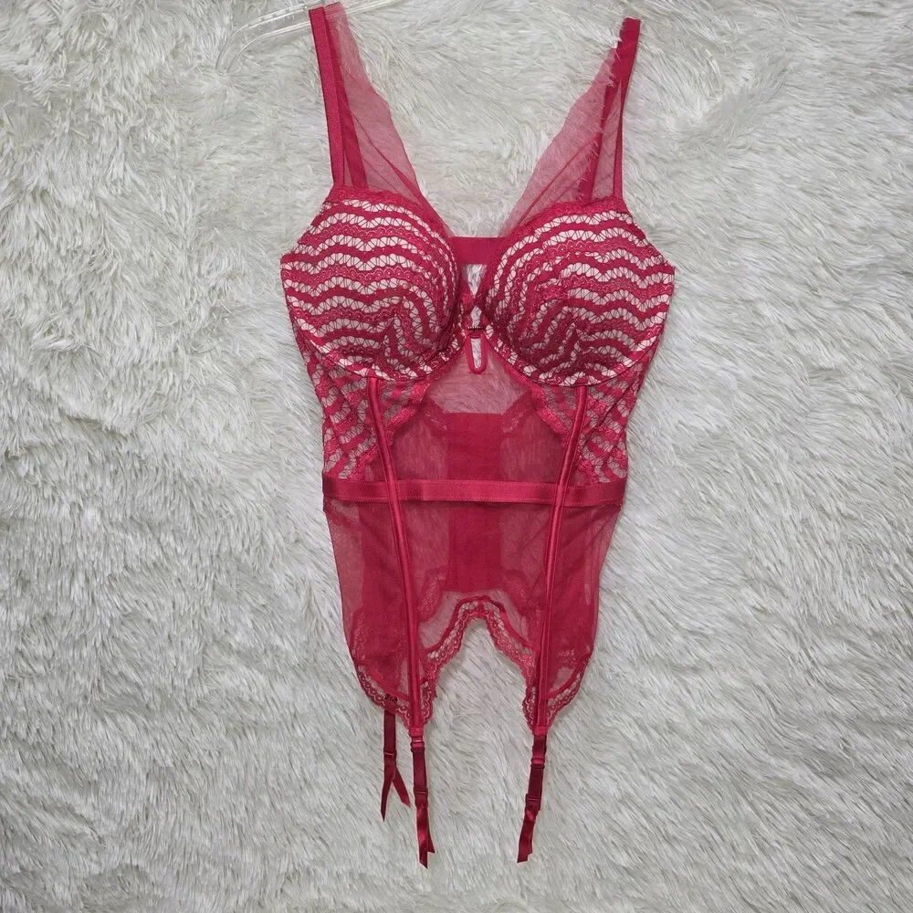 Victorias Secret Very Sexy Lace Mesh Corset Garter Baby Doll Teddy Bra 34D Red